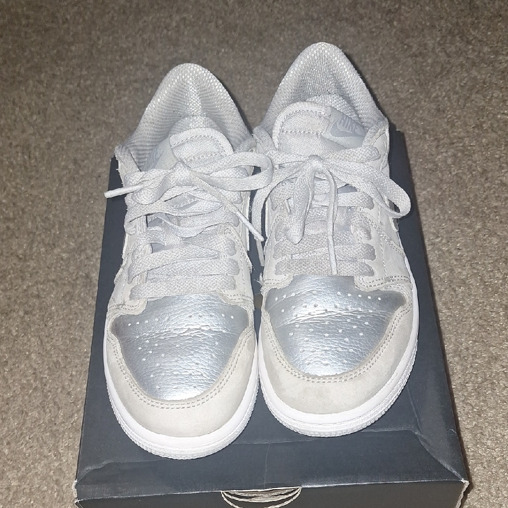 Jordan Silver and White Sneakers with Metallic Finish